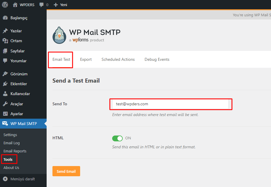 WP Mail SMTP Test Maili Gönderme